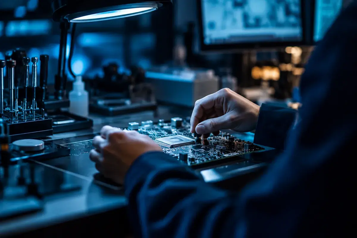 chaîne d’approvisionnement logicielle, mains manipulant une carte électronique sur une paillasse de laboratoire