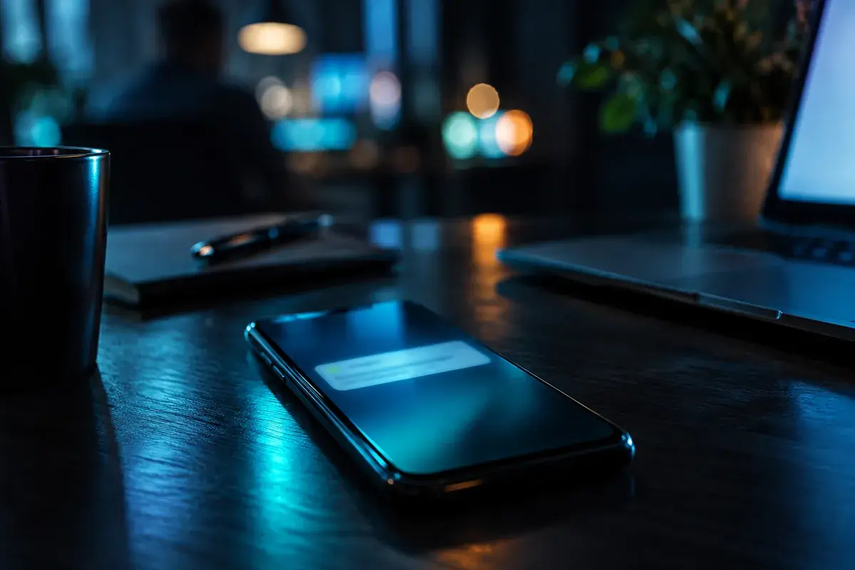 spear phishing, smartphone posé sur un bureau sombre avec une notification floue