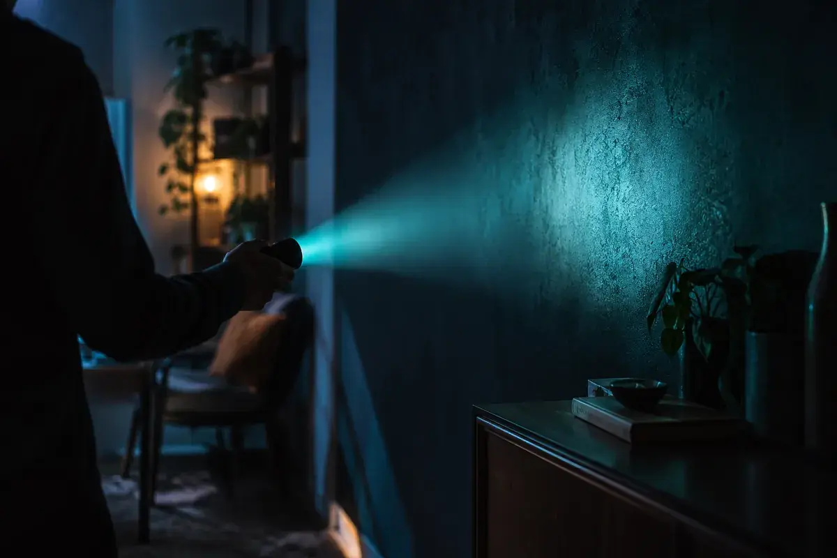 scan de vulnérabilités, lampe de poche qui balaie un mur sombre
