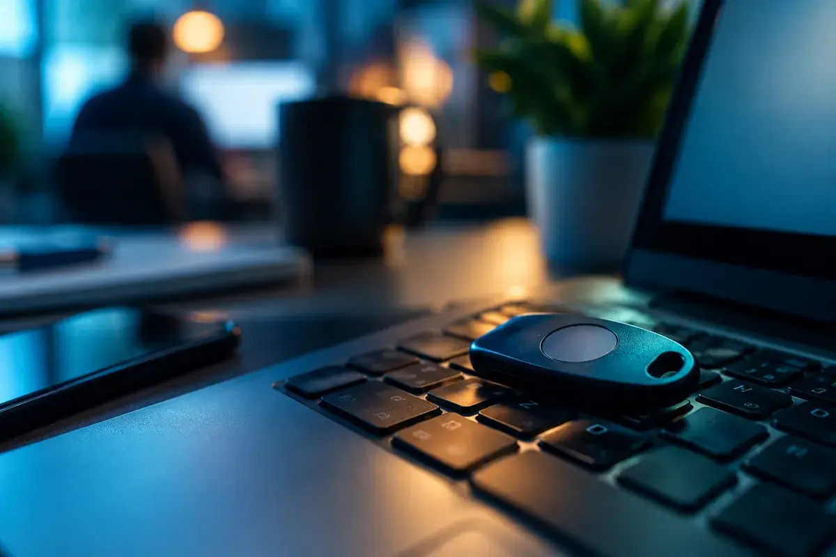 authentification multifacteur, jeton de sécurité physique vierge posé sur un clavier