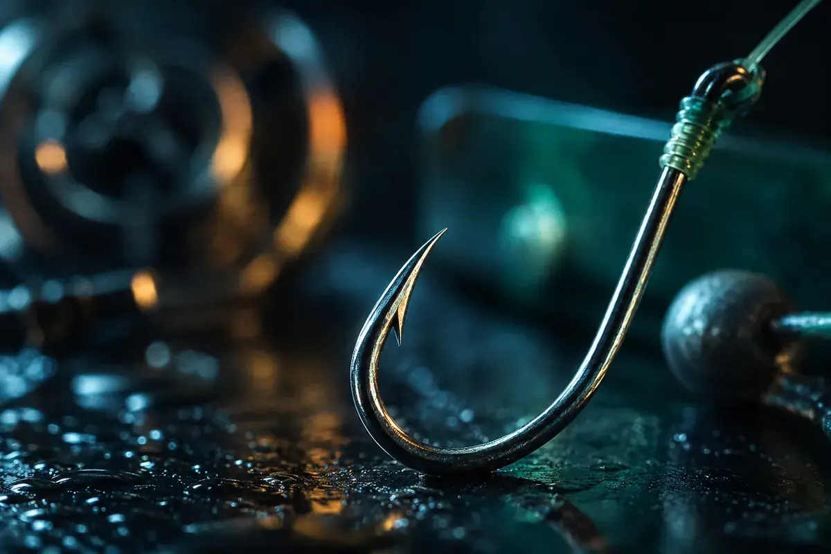 campagne de phishing simulé, hameçon métallique en macro sur fond sombre