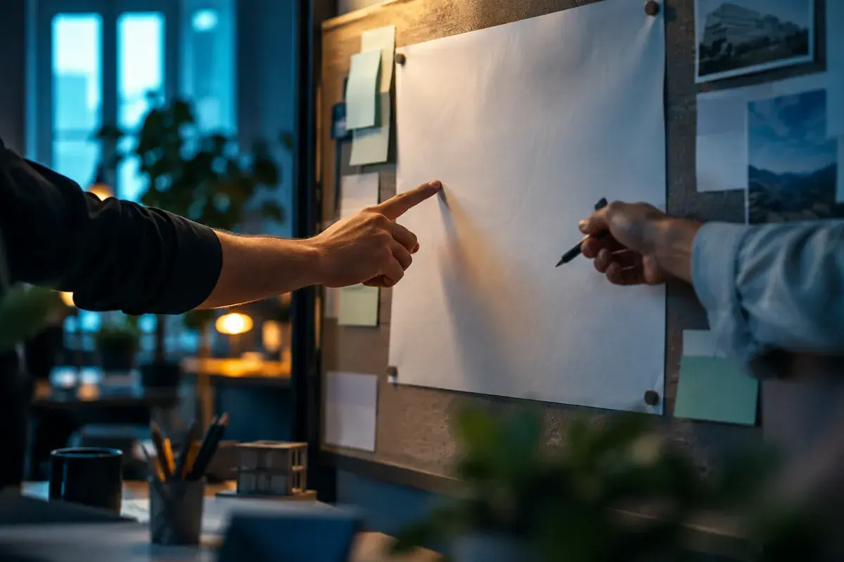 cellule de crise cyber, mains qui pointent un plan vierge sur un tableau.