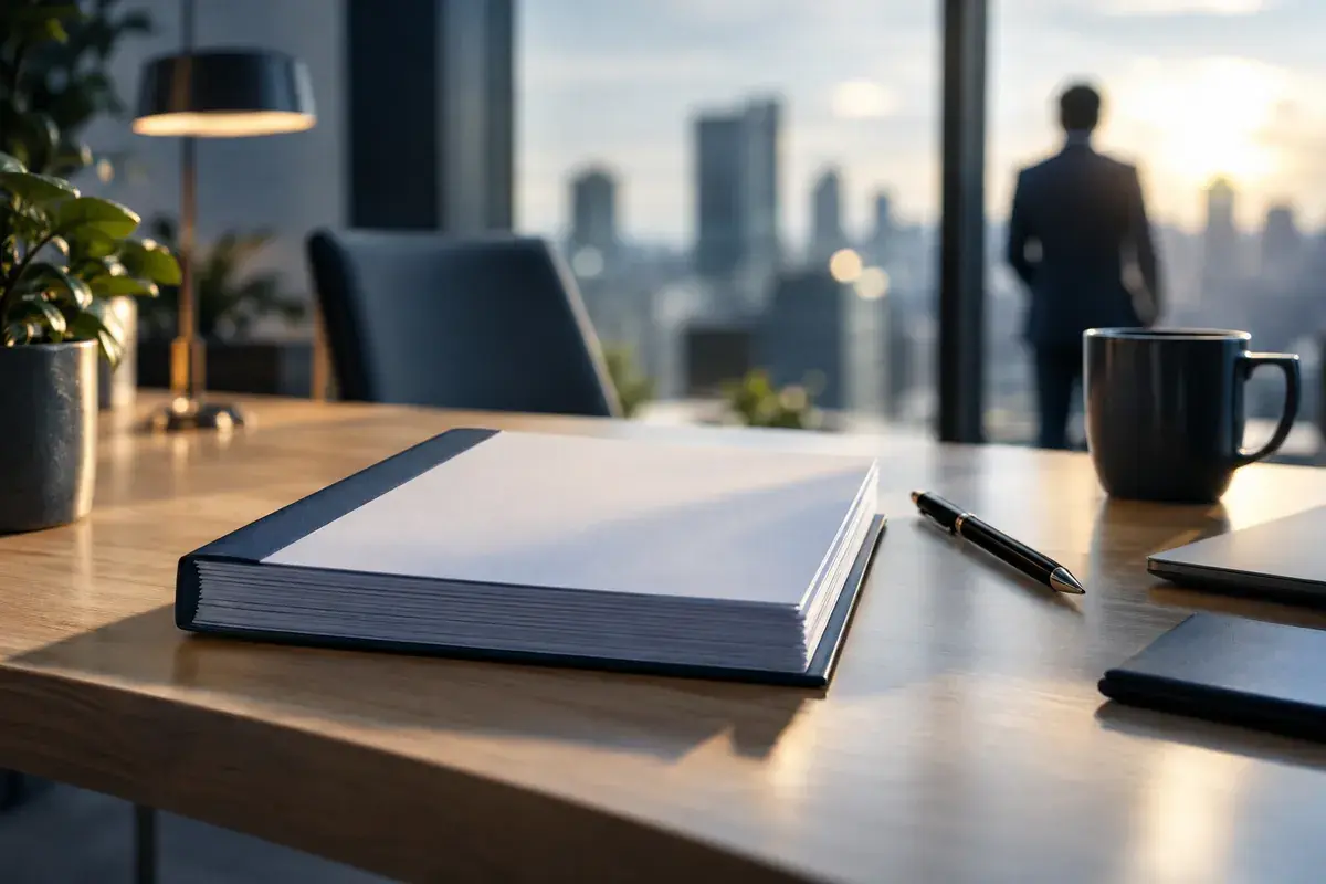 directive NIS2, documents vierges reliés posés sur un bureau en bois clair avec un stylo