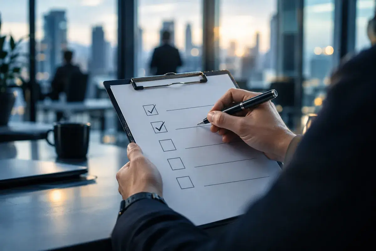 obligations de la directive NIS2, mains cochant une liste vierge sur une planche porte-bloc