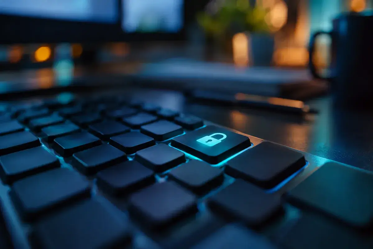 politique de mots de passe, clavier en macro avec une touche cadenas éclairée en cyan.