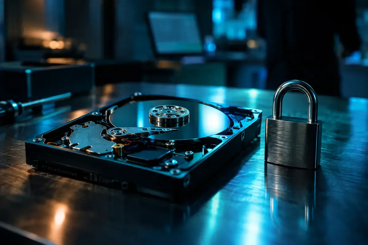 rançongiciel à double extorsion, gros plan sur un disque dur ouvert posé sur une table métallique
