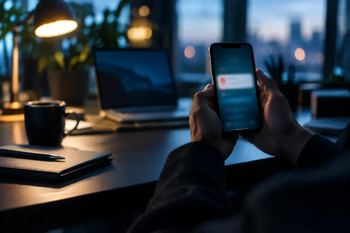notification de violation de données, mains qui tiennent un téléphone devant un bureau sombre