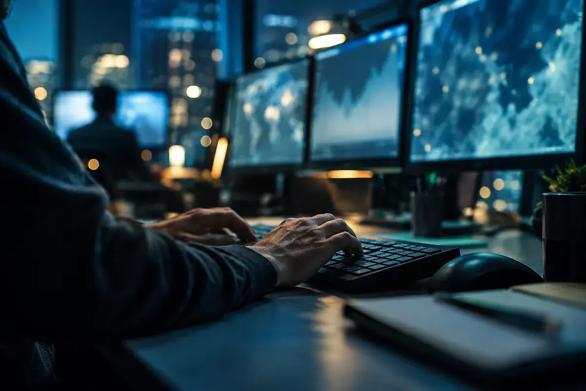 SOC interne ou externalisé, mains d’analyste sur un clavier devant plusieurs moniteurs flous.