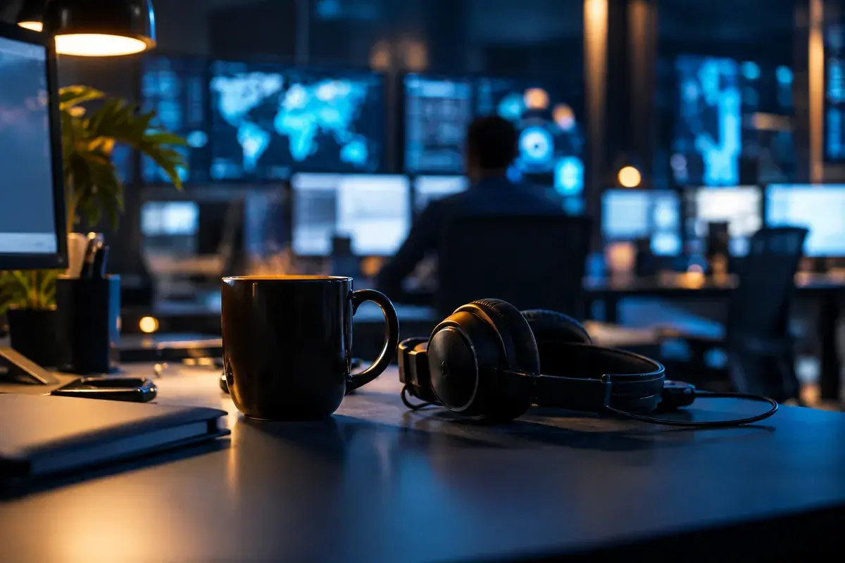 SOC interne ou externalisé, tasse de café et casque sur un poste SOC